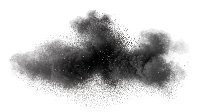 Isolated explosive dark smoke cloud with scattering particles and fine dust texture