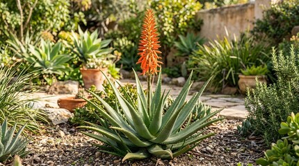 Fototapeta premium Vibrant aloe vera plant with tall orange bloom flourishes in a sunlit garden oasis.