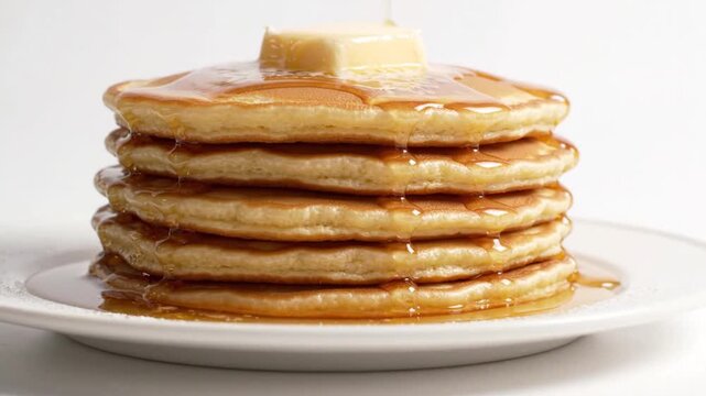 Maple Syrup Pouring Over Fresh Pancake Stack with Butter