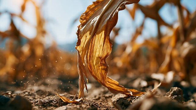 Extreme low angle cinematic close up, worm's eye view, camera centimeters above dry soil looking upward at a drought stressed corn stalk in rural Guizhou, China. Stalk dominates fr