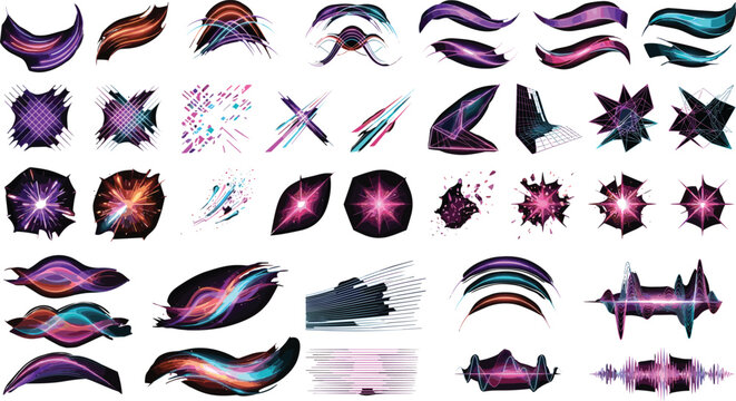 Futuristic neon fluid wave graphic element set with abstract cyber technologic splash shapes synthwave glow patches and electronic soundwave design for gaming interfaces