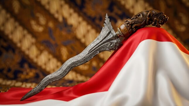 Antique Keris Dagger with Indonesian Flag Cultural Heritage