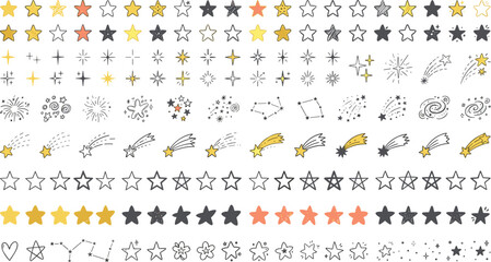 Hand drawn celestial star icon set with sparkling sparkles shooting stars constellations firework shapes and galaxy doodles for decorative design elements © Rofiqul