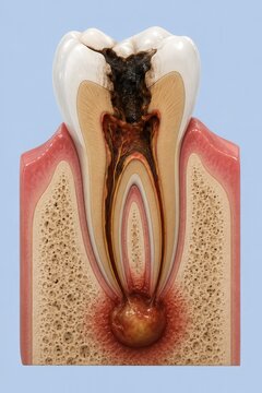 Severe tooth decay with infected pulp and periapical abscess at root