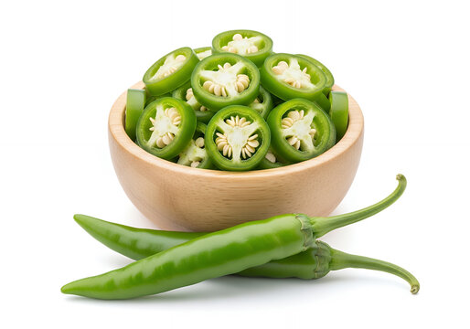 a small wooden bowl filled with sliced green chili peppers, accompanied by two whole green chilies, isolated on a pure white background