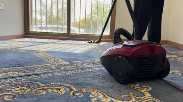 Low angle shot of a person using a red vacuum cleaner on a blue patterned carpet. The worker cleans a sunlit prayer room indoors in Jabriya, Kuwait during the daytime.