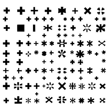 Star and asterisk symbols set with 36 unique black symbols in 6x6 grid on white background featuring star, asterisk, geometric patterns with line art and minimalist design