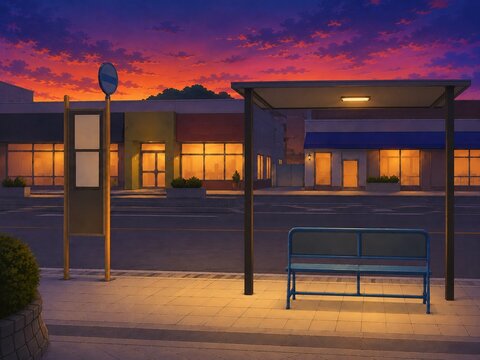 Anime style illustration of an empty Japanese bus stop at dusk, with glowing bench under shelter light, timetable board and shop windows across the street under a twilight sky