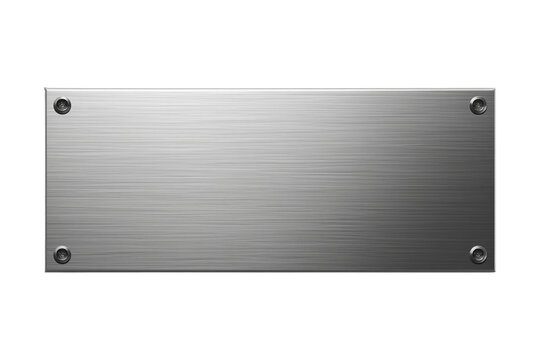 Brushed metal plate with screws blank template, silver texture isolated on transparent background