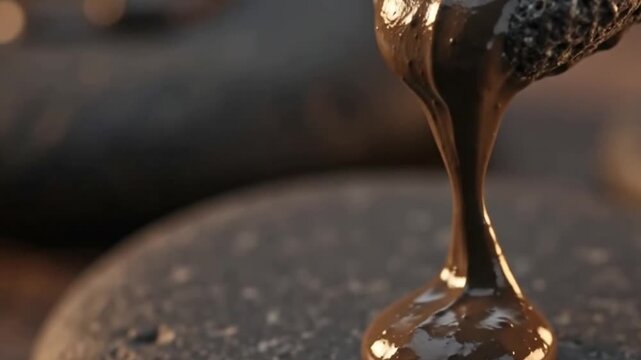 Extreme macro of thick dark volcanic mineral mud dripping slowly from a rough stone surface in a cinematic natural background