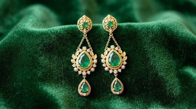 Elegant gold and emerald drop earrings sparkle against a luxurious dark green velvet background.