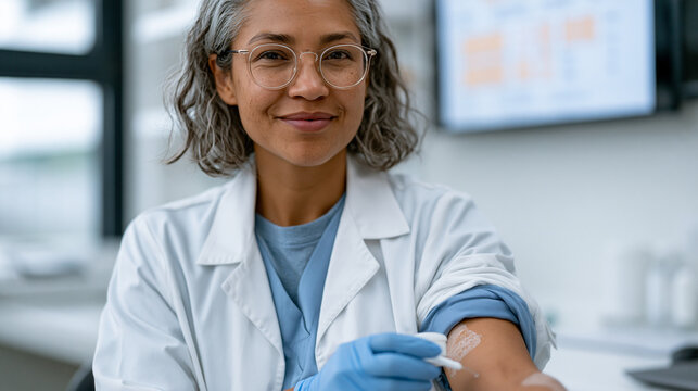 A dermatology nurse practitioner applies a topical treatment sample to a patch tested forearm in a clean examination room, comparing results against a skin tone reference chart on