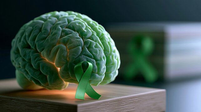 Photorealistic premium commercial stock photography close-up of a human brain rendered in soft glowing green tones against a clean dark background, gentle warm light illuminating t