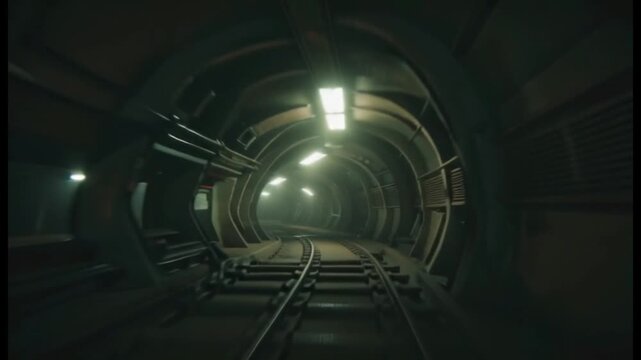 Dark Subway Tunnel with Train Tracks and Lights, Underground Transportation Concept