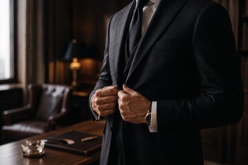 Fototapeta premium Close up of businessman adjusting his classic suit jacket button elegant corporate fashion