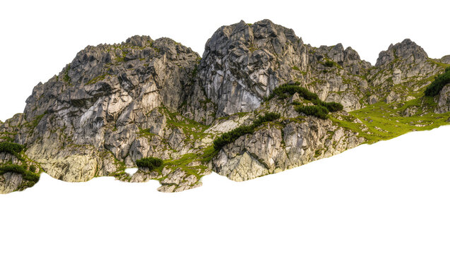 Isolated rugged mountain landscape featuring sharp rock formations and lush green patches of plants.