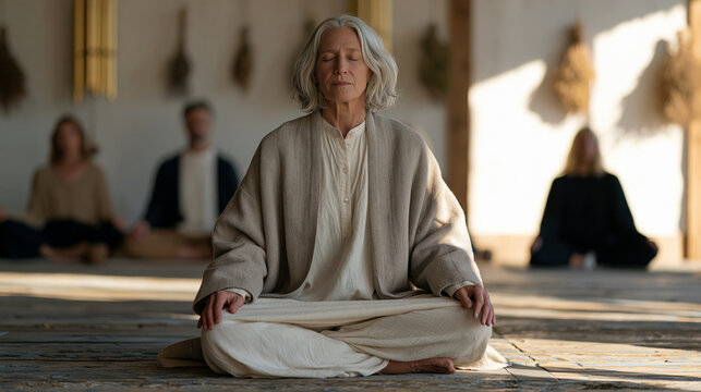 A mindfulness instructor with silver hair sits cross legged on a weathered wooden floor guiding a small adult class through breathwork exercises in a sunlit community studio, wall