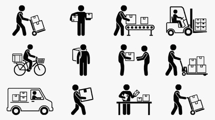 Obraz premium Minimalist Black and White Icons Set Showing Various Logistics and Delivery Operations with high quality professional line art symbols for modern creative design and digital branding projects