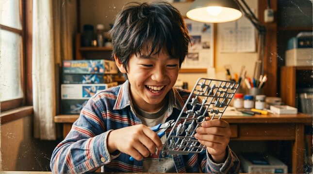 昭和の日本人小学生：ニッパーを手に笑顔で夢中になってプラモデルを組み立てる日本人小学生男子のクローズアップポートレート