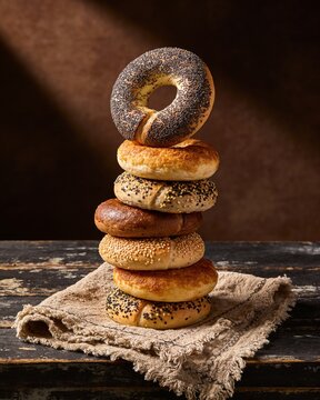 Fresh artisan bagels with poppy seeds and sesame seeds arranged on a rustic wooden table evoking a cozy bakery breakfast atmosphere