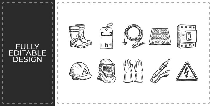 Winter sports and outdoor recreation gear hand drawn doodle icons featuring skis and mountain goggles for adventure tourism and athletic activity design graphics