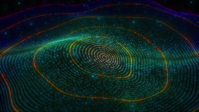 Glowing dotted contour landscape spiral ring, particle lines, digital space forms futuristic data terrain technology videos, abstract intros, music visuals, science backgrounds, immersive screens,