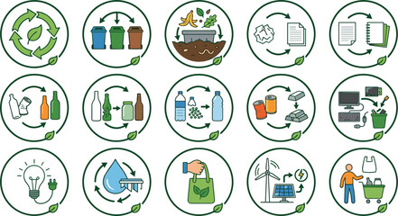 Fototapeta premium Ecology and Waste Recycling Icon Set with Sorting Bins, Green Energy, Sustainable Shopping, and Circular Economy Symbols Vector Illustration for Environmental Designs