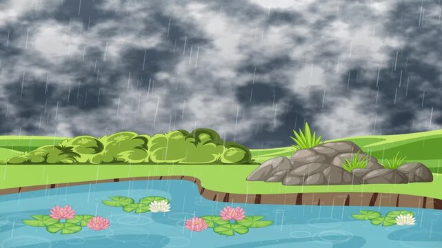Cartoon Animation of Rain Falling on a Pond with Water Lilies