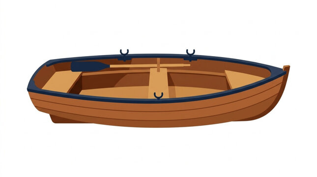 Small wooden rowboat with oarlocks and upholstered interior for boating and lake recreation