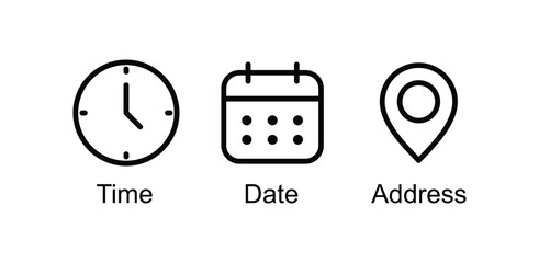 Time, date and address icon set vector. Clock, calendar, location pin marker signs. Vector Illustration © Whyy