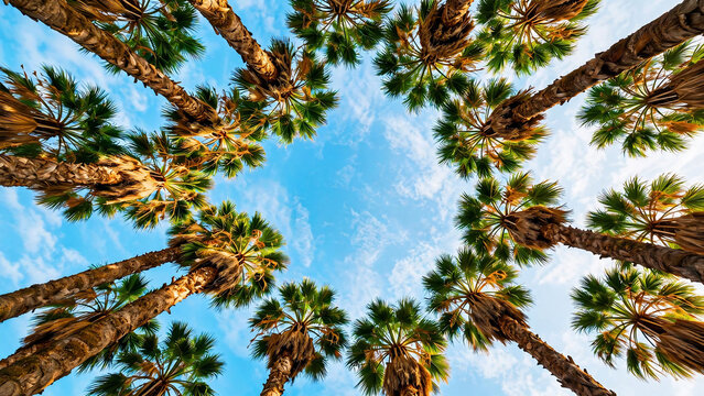 Low angle view of tropical palm trees forming a natural circle against a clear blue sky, perfect for summer vacation ads, travel brochures and tourism.