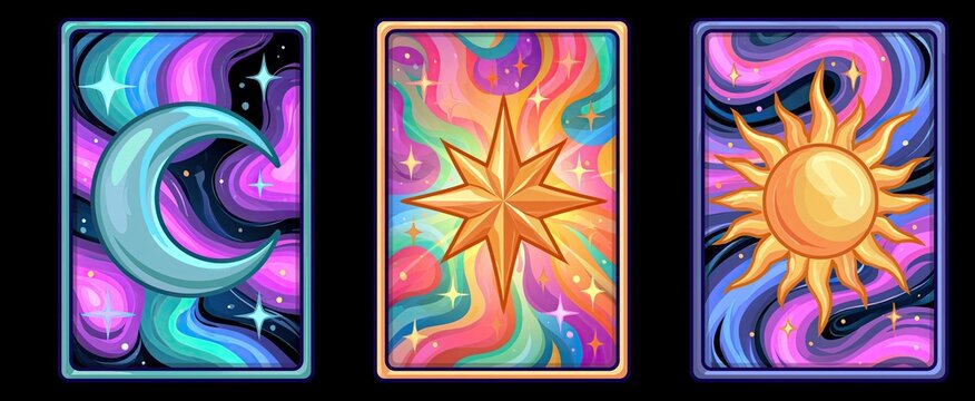 Tarot cards displaying Moon, Star, and Sun symbols arranged with vivid cosmic patterns for spiritual and festive use.