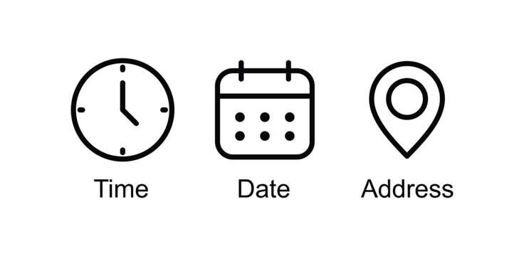 Time, date and address icon set vector. Clock, calendar, location pin marker signs. Vector Illustration