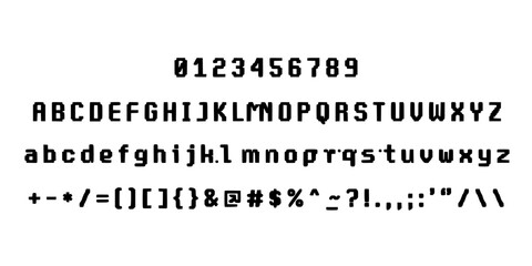 Obraz premium Digital Display of Alphanumeric Characters and Symbols in a Pixelated Font Style with a Retro Aesthetic