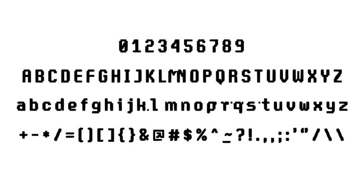 Digital Display of Alphanumeric Characters and Symbols in a Pixelated Font Style with a Retro Aesthetic