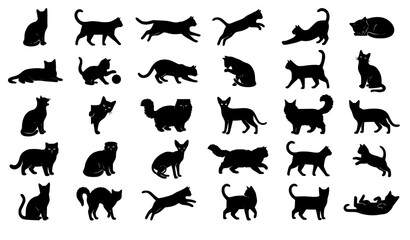 Fototapeta premium Black cat silhouettes collection diverse poses and activities for design projects