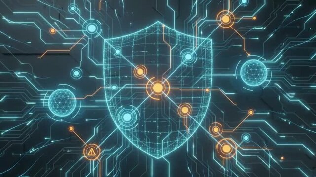Cyber security background 3D render with glowing shield icon and digital circuit board network patterns for data protection branding and presentation