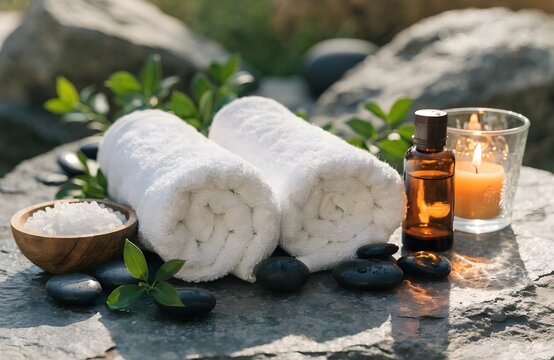 Natural rock bath setup with essential oil and salt