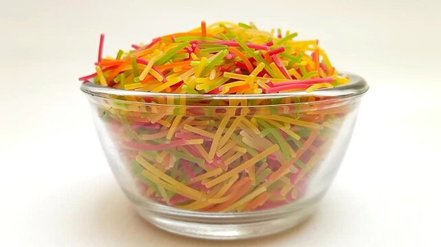 Colorful Vermicelli pasta in a glass bowl rotating on white background. Dry uncooked Seviyan. Multicolored Filini pasta