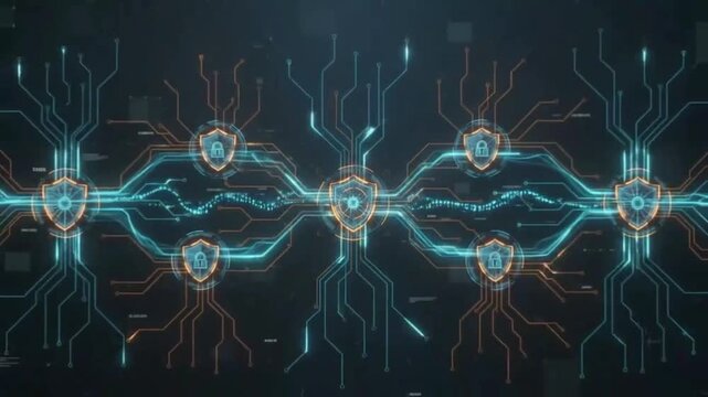 Digital cybersecurity network connecting glowing shield icons with circuit board lines on a dark background to represent data protection and information technology security.