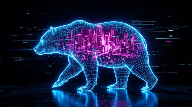 Neon blue wireframe bear containing a vibrant glowing city, futuristic digital art on black background, perfect for fintech, market and tech.