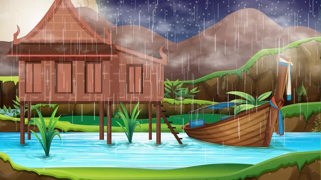 Animated Tropical Rain Falling Over Traditional Stilt House and Boat