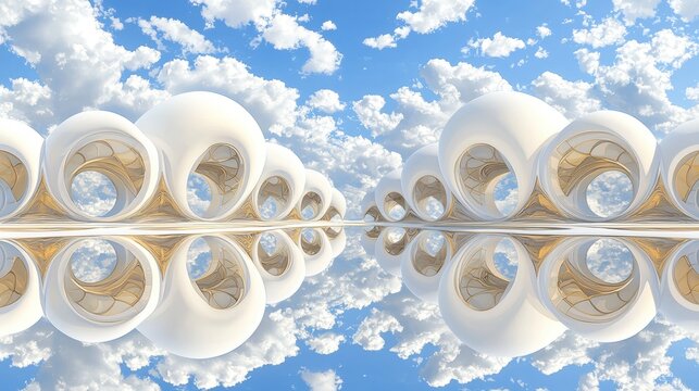 A surrealistic cityscape with white buildings and gold accents, viewed from a bird's eye perspective.