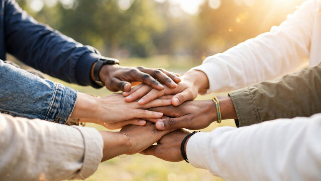 Diverse hands united in a circle outdoors, symbolizing teamwork and collaboration, representing unity, community, and shared purpose for social causes and group activities.