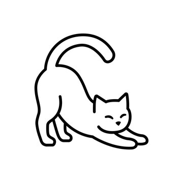 Minimalist outline icon of a cat stretching its body. Great for pet wellness, cat yoga, and active pet care graphics.
