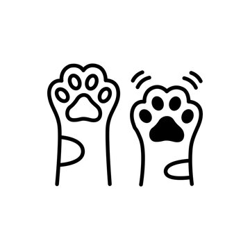 Minimalist line icon of two cute cat paws raised up with toe beans. Ideal for pet grooming, high-five, and cat lover themes.
