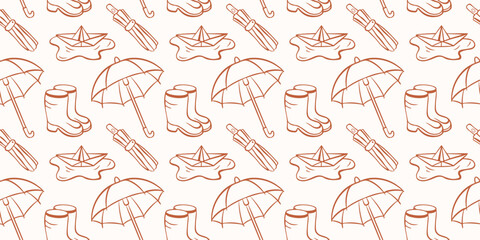 Fototapeta premium Seamless rain autumn pattern with umbrella, rubber boot and paper boat. Line art style doodle sketch. Weather concept. illustration for greeting card, fabric, textile.