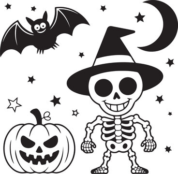 Halloween skeleton witch with jack o lantern and bat illustration