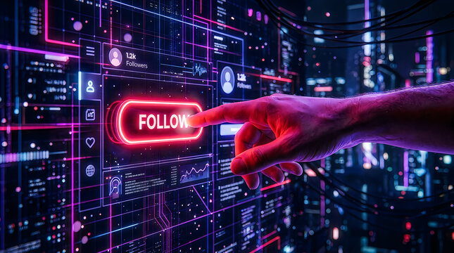 Follow sign glowing red on digital city billboard at night