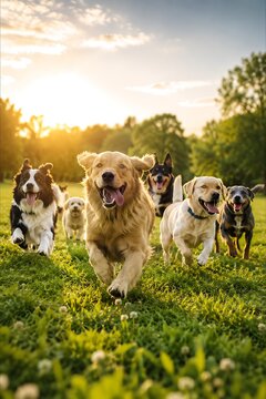 A joyful pack of diverse dogs, including a golden retriever, border collie, and terrier mix, running ecstatically across a sun-drenched grassy field at golden hour.